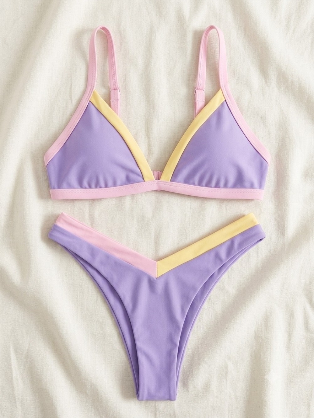 Women’s Triangle Bikini Set in Lavender with Pink & Yellow Trim